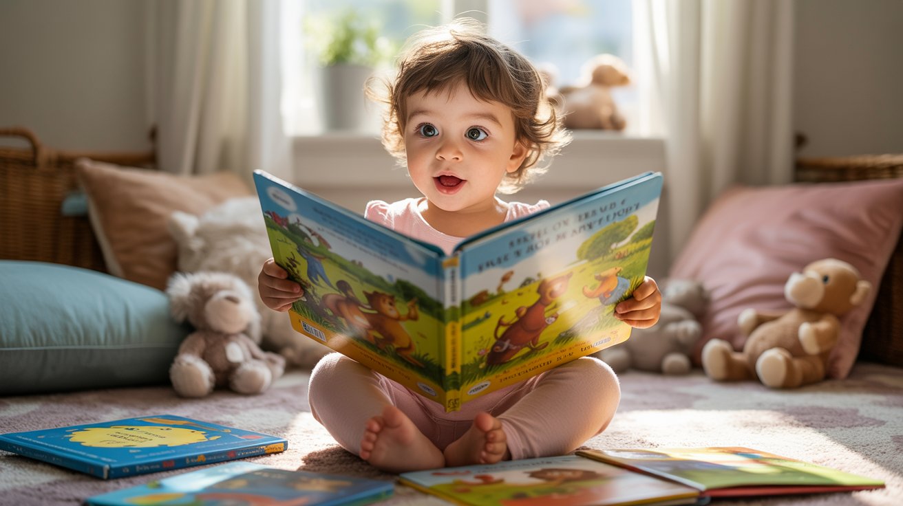 Child describing a picture scene while practicing speaking skills