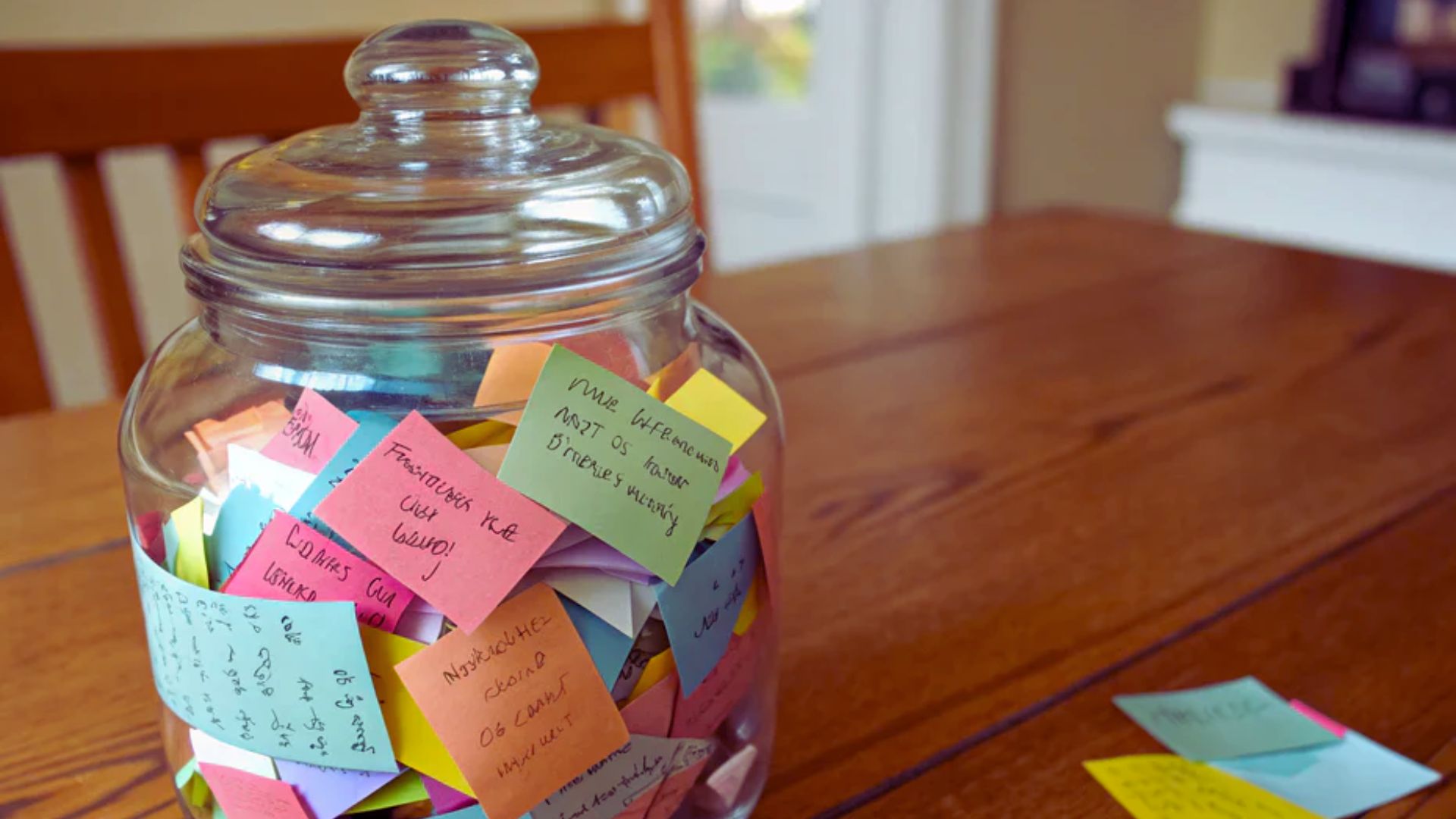 A clear jar filled with colorful sticky notes stacked neatly inside.