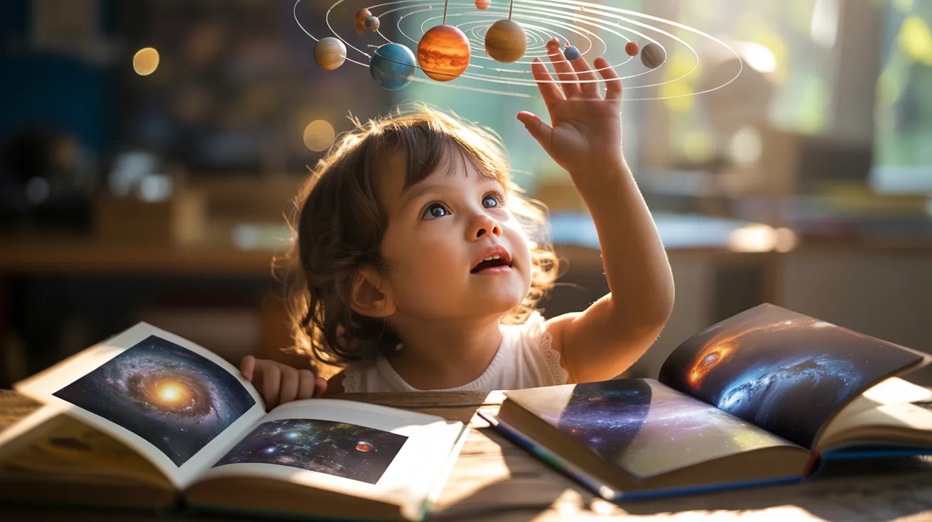 Child fascinated while learning about space with planets model and books about space, dreamy curiosity expression.