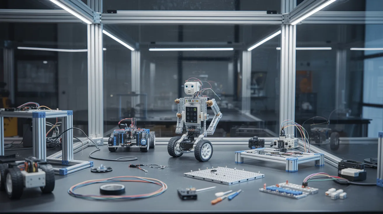 Complex technical setup with tangled wires, electronic components, and a small robot placed in the center, representing a robotics or engineering workspace.