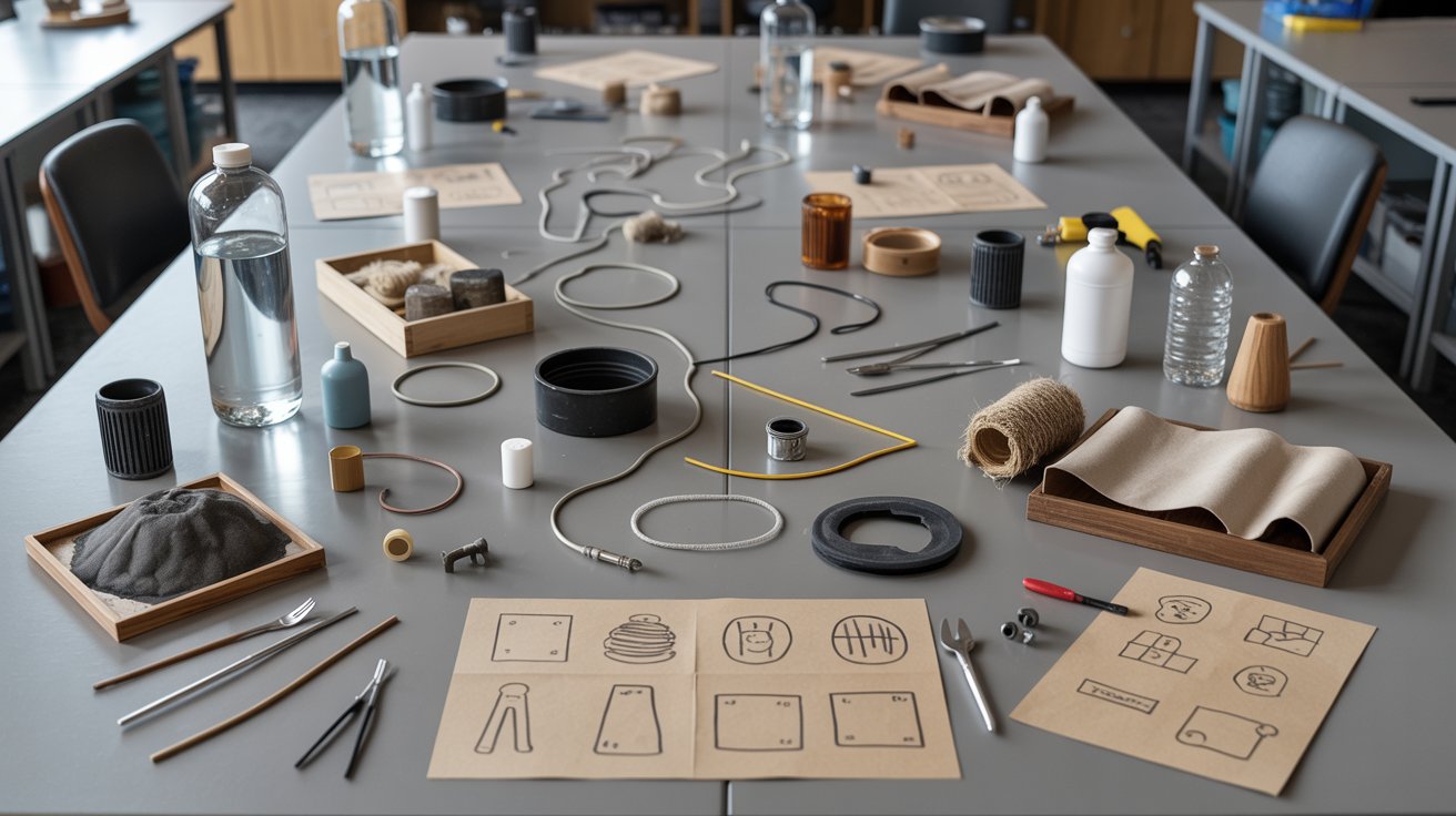 A table filled with various objects, including stationery, bottles, wines.