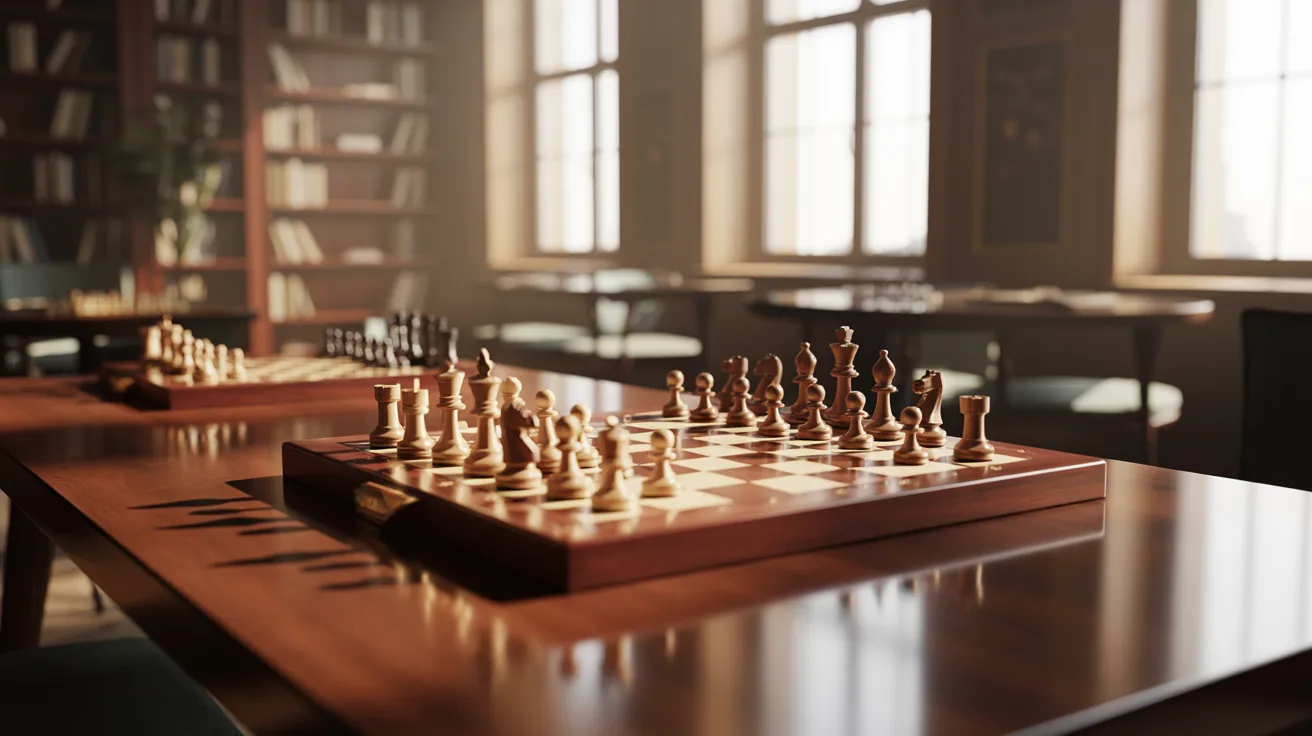 Chess setup with a chessboard and pieces arranged for a game, showing a strategic indoor board game environment.