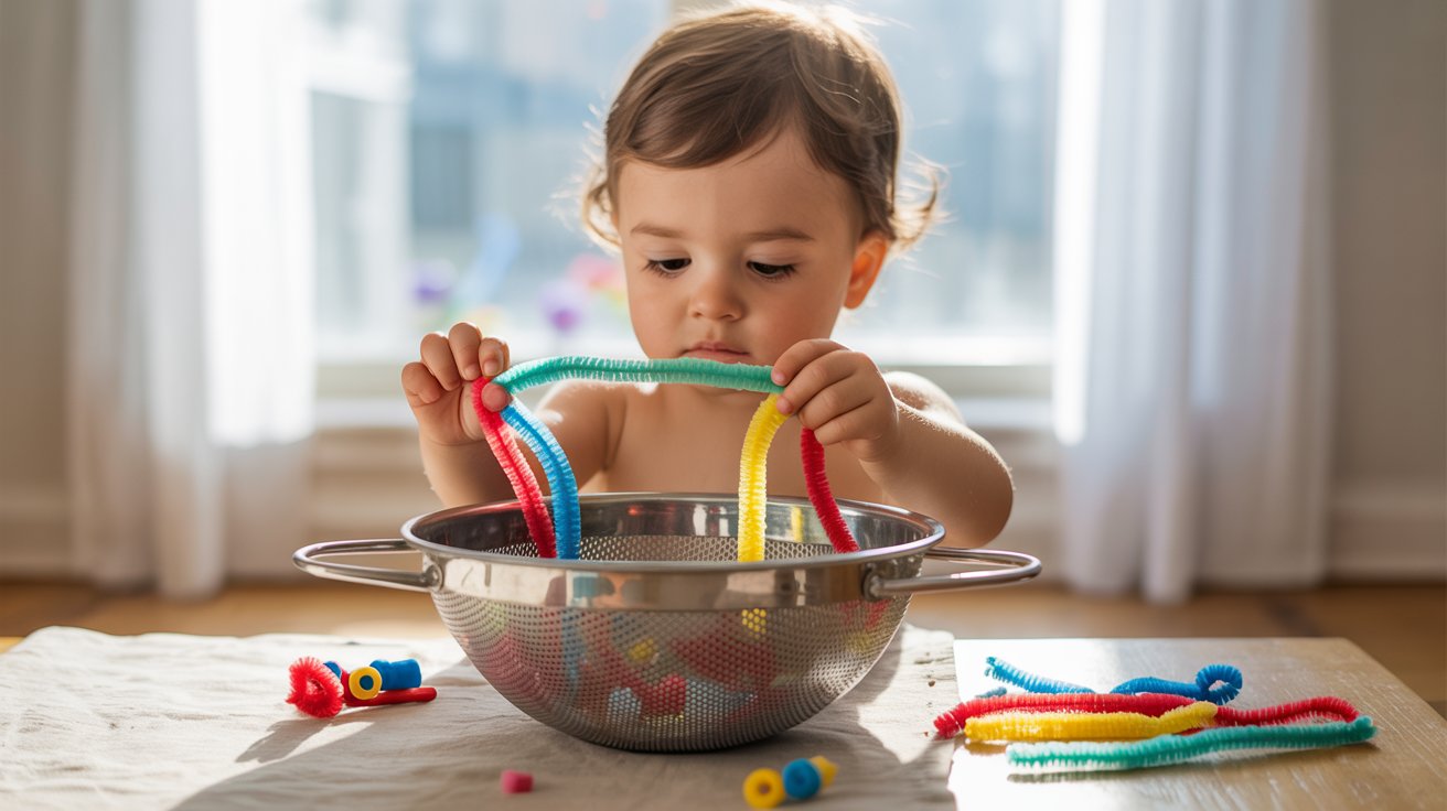 A baby joyfully playing with a variety of colorful plastic toys on a soft surface.