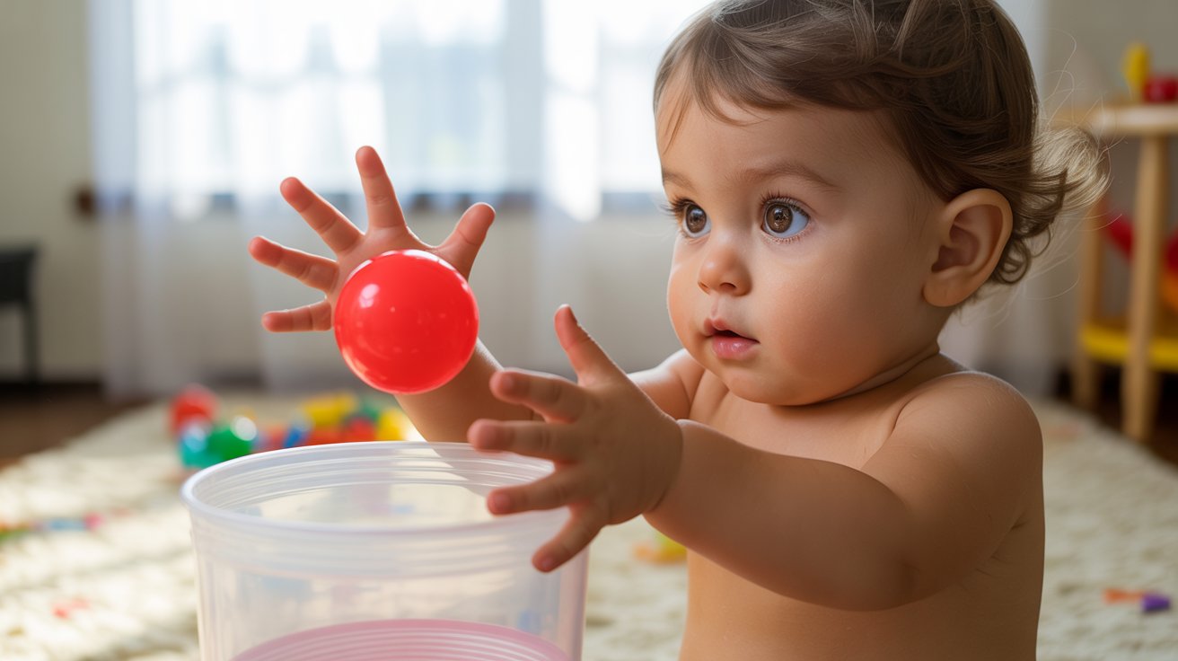 A baby joyfully playing with a red ball inside a plastic container.