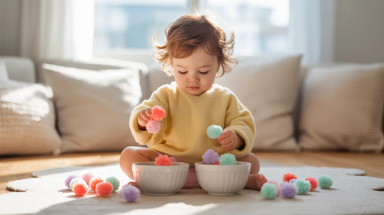 15-month-old toddler sorting pom-poms between bowls during a fun activity at home.
