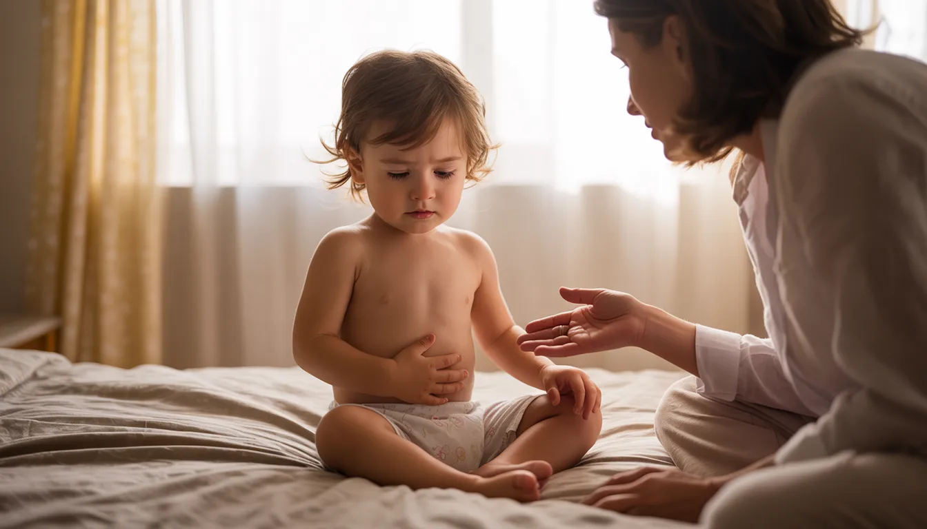 Toddler holding stomach with mild discomfort while sitting on bed
