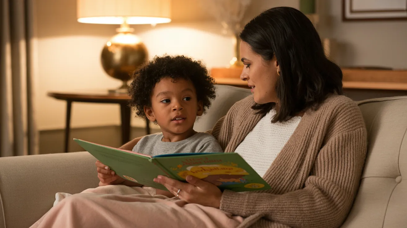 Parent reading a kindness-focused storybook to a child while sitting together on a couch in a warm and cozy room