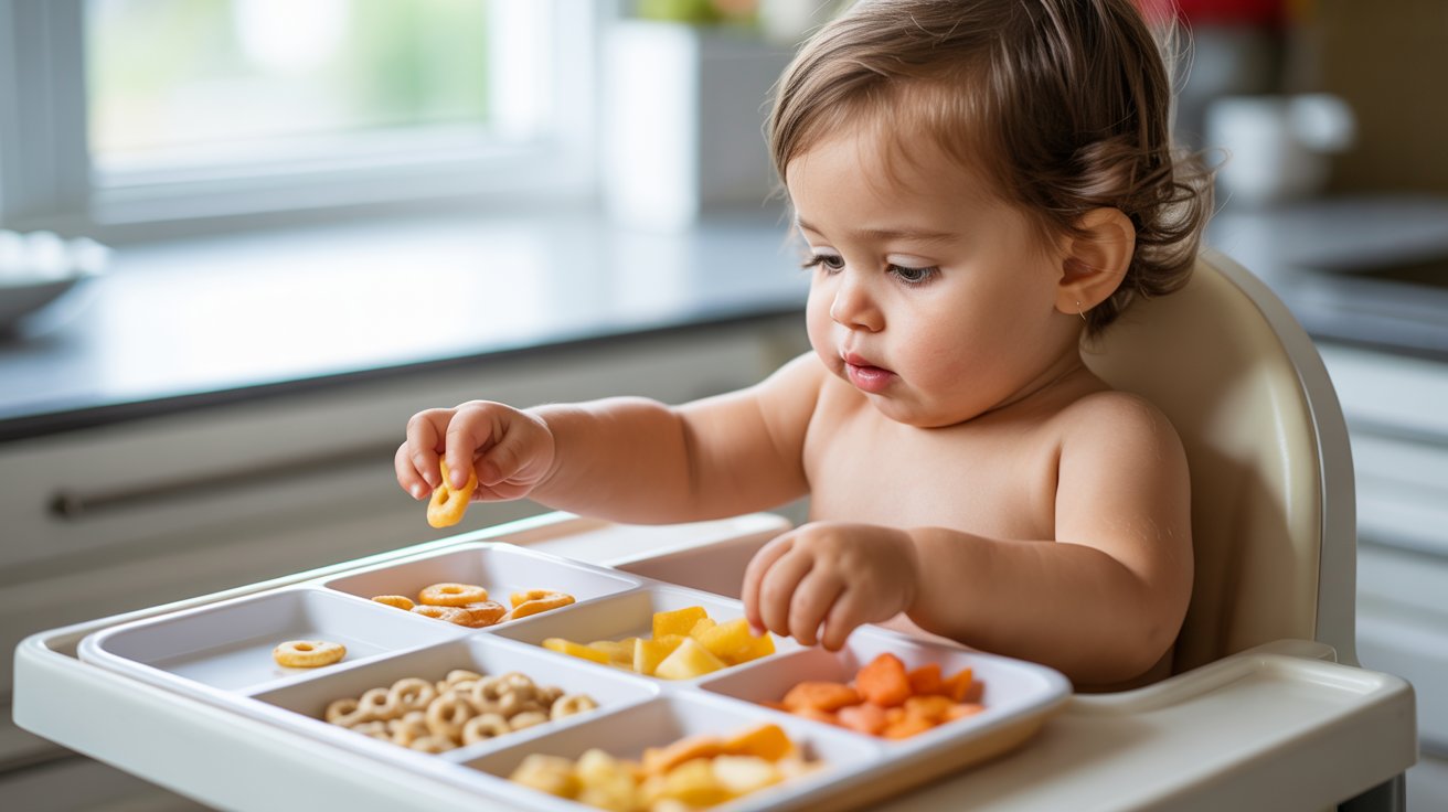 toddler sorting snacks during mealtime activity