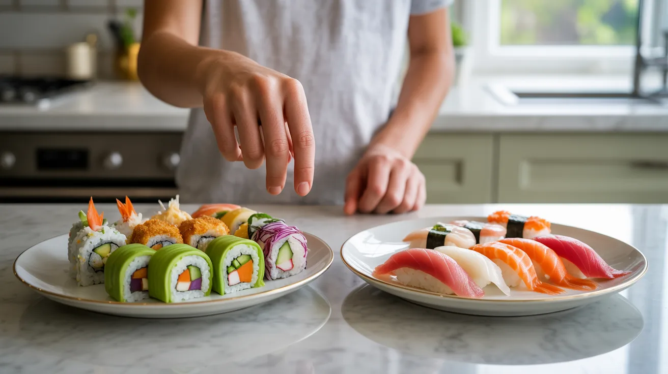 Parent comparing cooked and raw sushi options for child safety at home