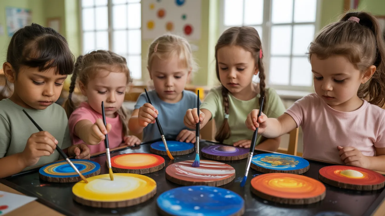 Children placing painted planet magnets on magnetic board.