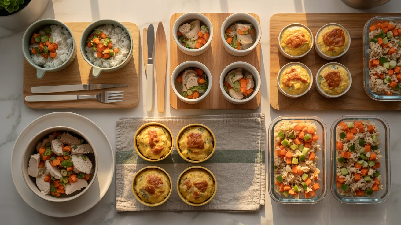 Collage of toddler dinner meal prep including chicken stir fry, mini casseroles, and turkey rice skillet as easy make-ahead dinner options.