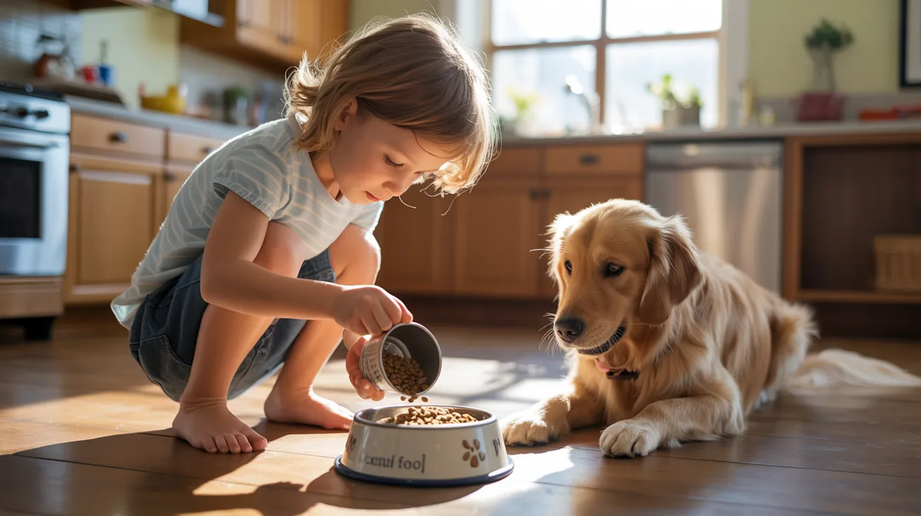 Child feeding pet as life skills activity for kids.