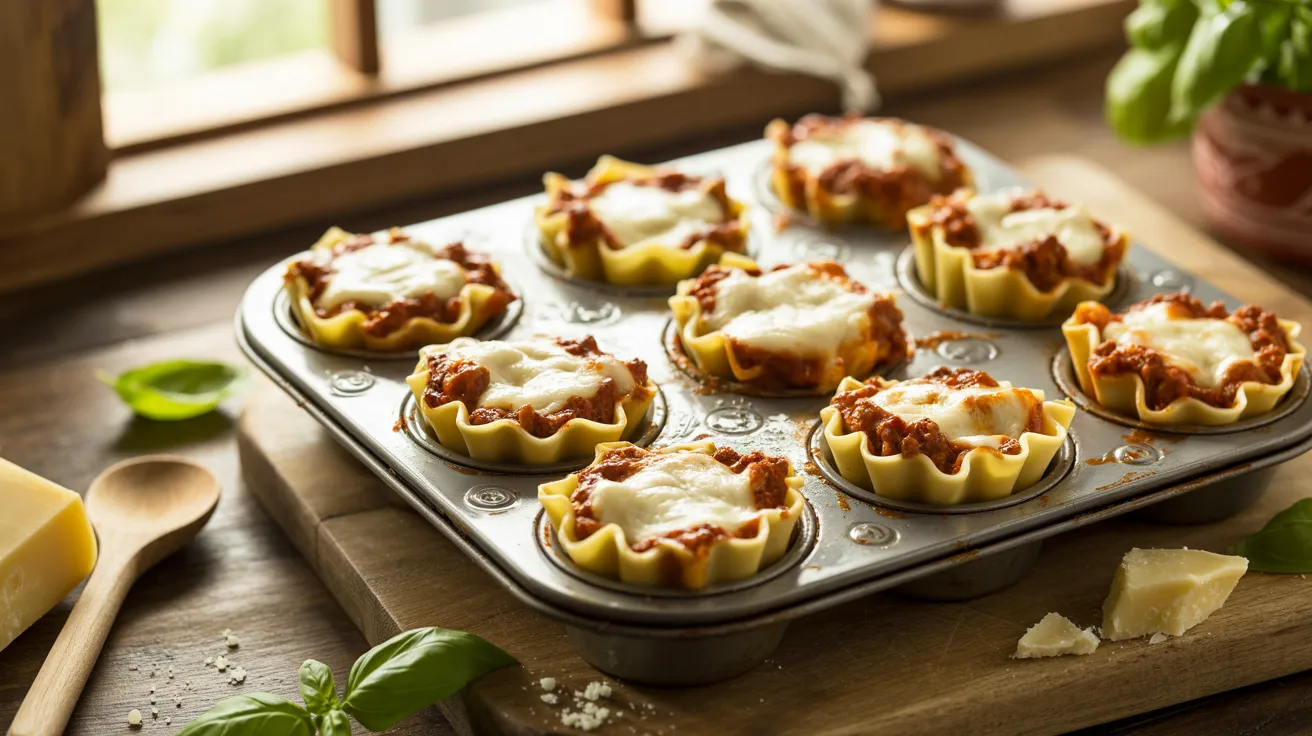 Mini lasagna cups baked in muffin tray as toddler freezer meal prep.