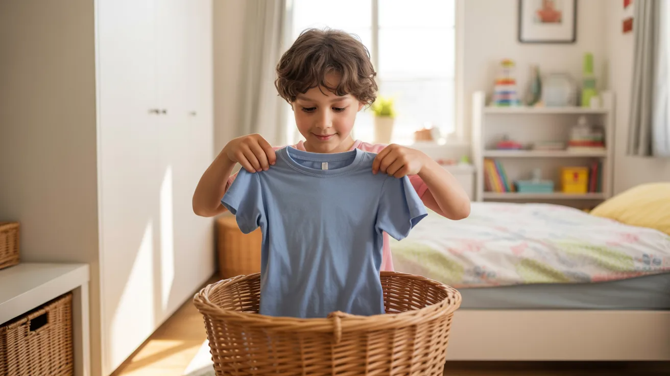 Child using laundry basket as life skills activity for kids.