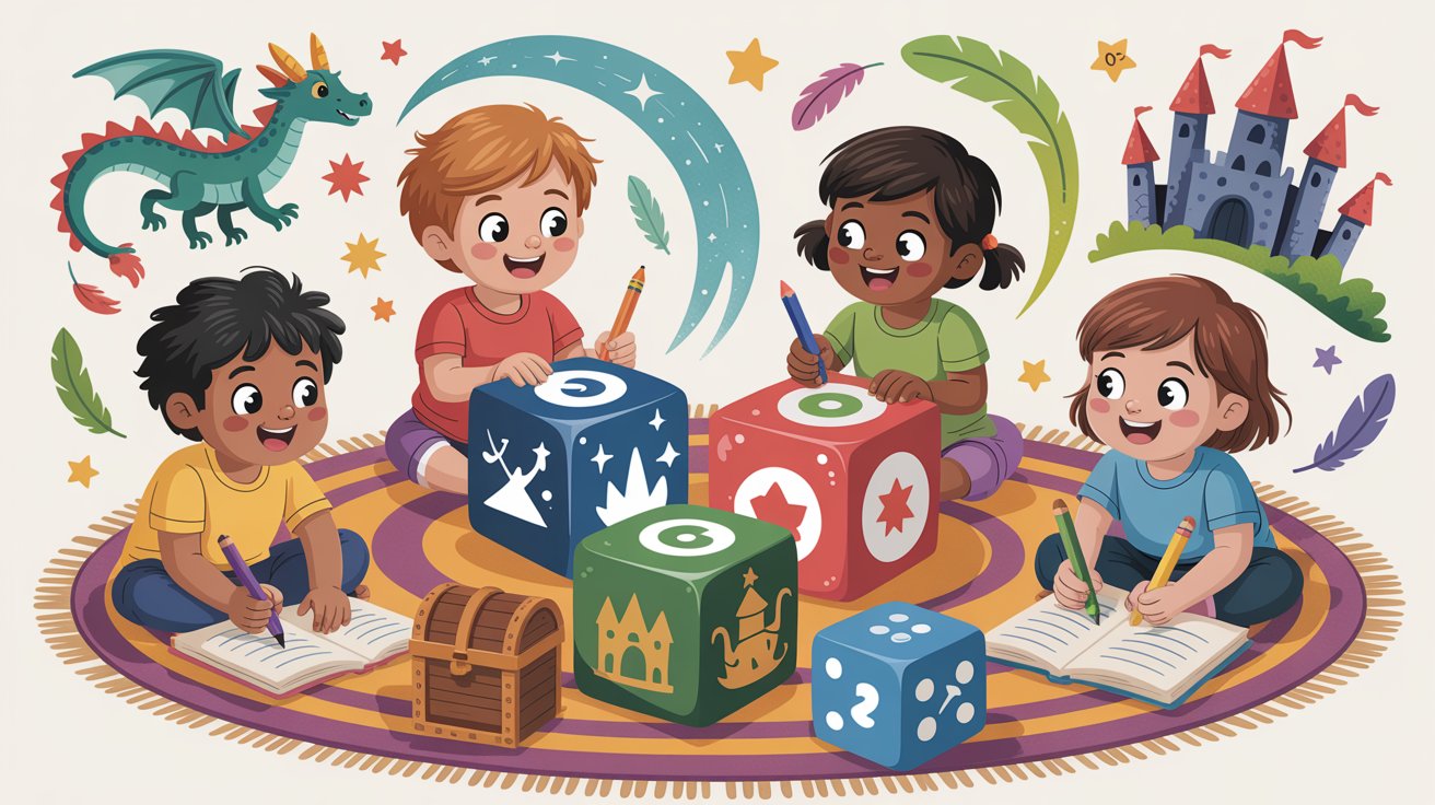 Children engaged in a lively game, rolling dice and playing cards on a colorful mat.