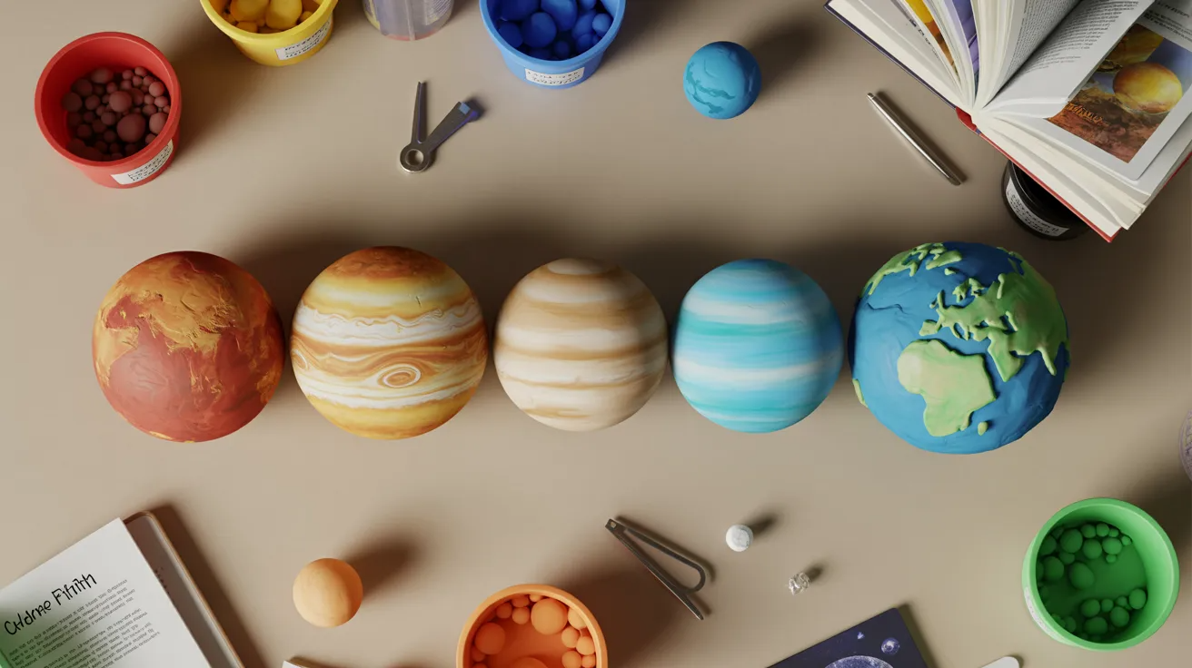 Playdough planet models shaped in different sizes for kids hands-on solar system learning activity.