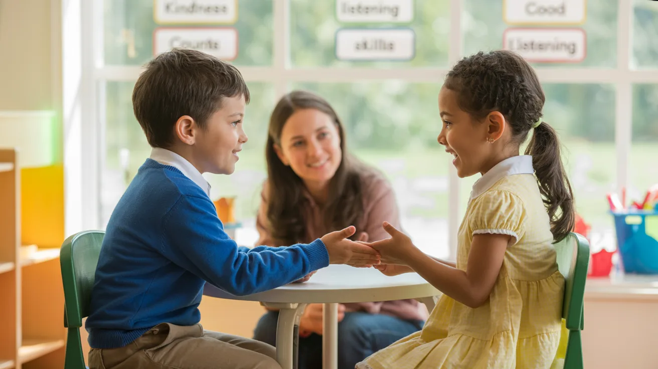 Two children role-playing a respectful situation while practicing communication skills in a classroom setting
