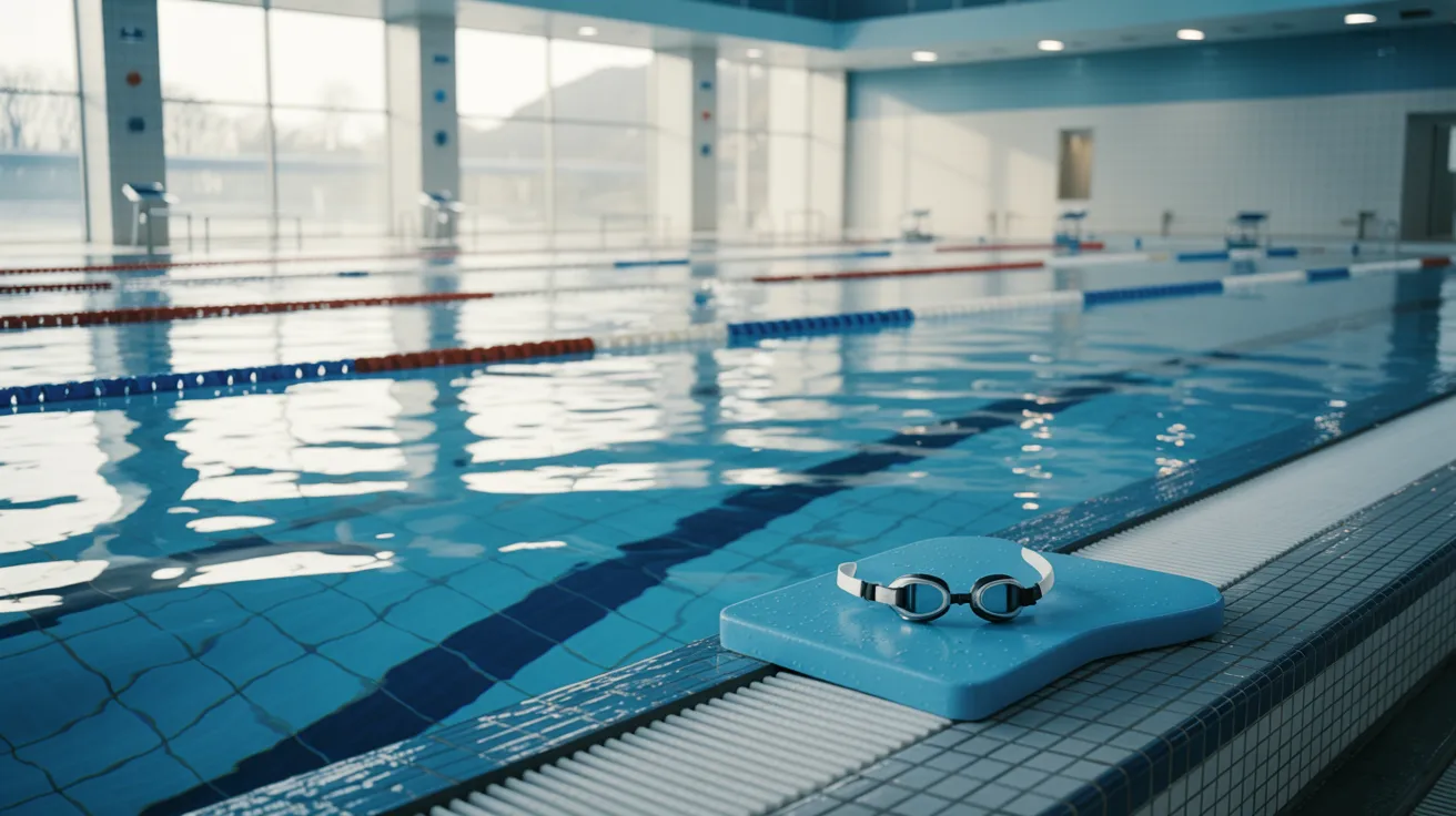 Swimming pool with swimming goggles visible in the frame, showing a clean aquatic setting prepared for training or recreational swimming.