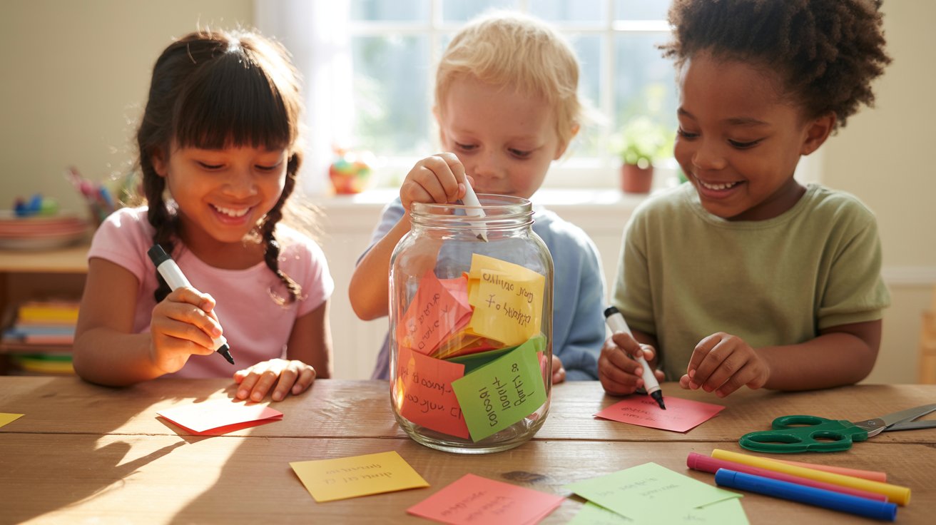 Three children sitting at a table, engaged with a jar filled with colorful sticky notes.