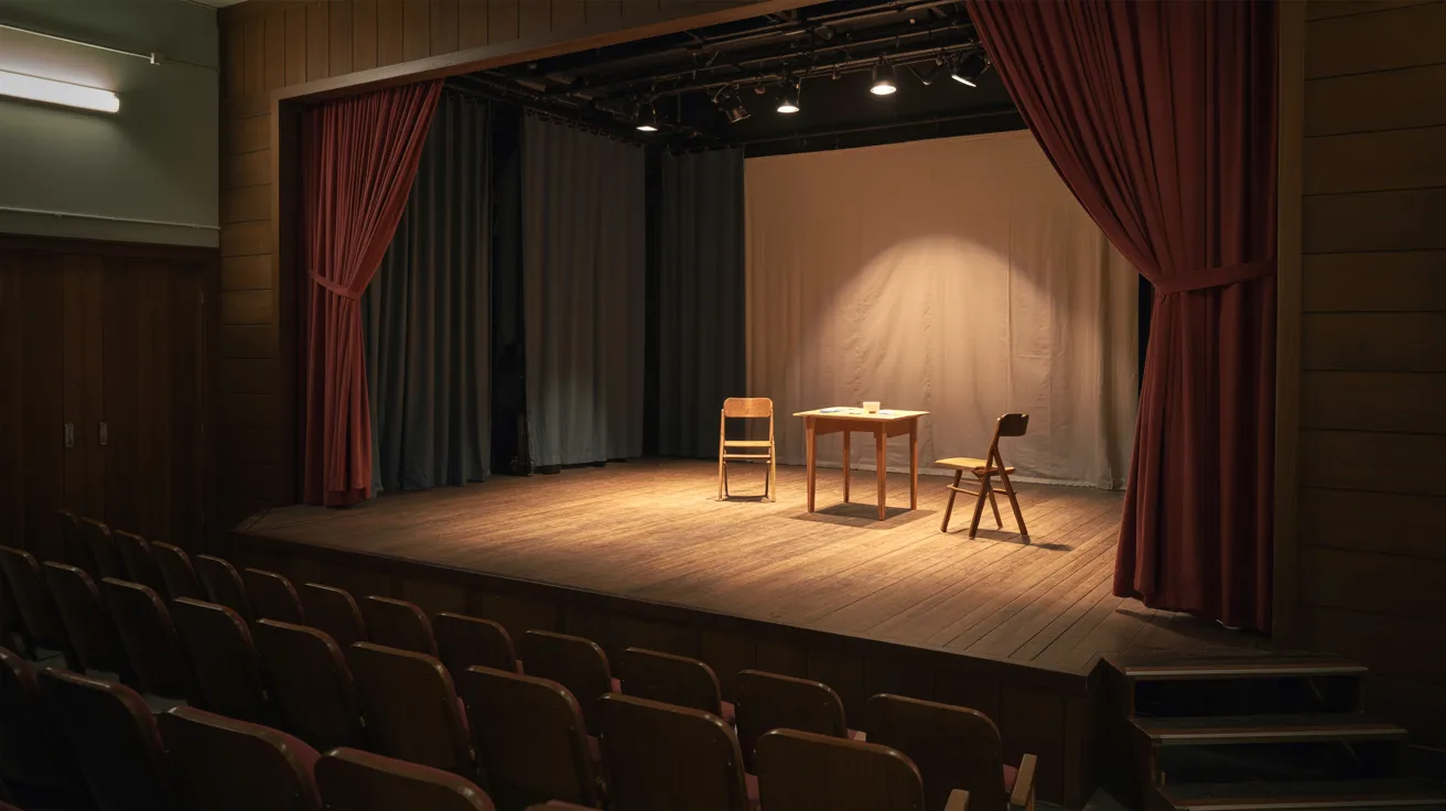 Empty auditorium setup prepared for a drama performance, featuring a stage with seating area and theatrical lighting in a rehearsal or pre-show setting.
