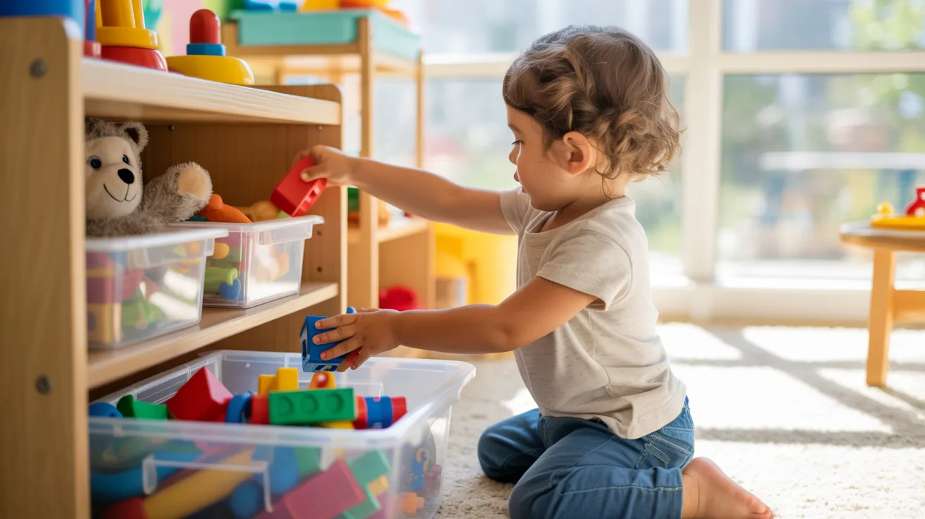 Child organizing toy shelf as life skills activity for kids.