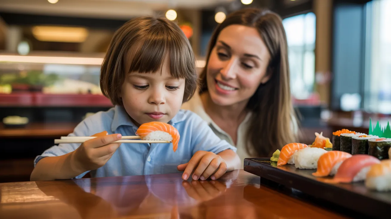 Older child trying sushi at restaurant with parent guidance and supervision
