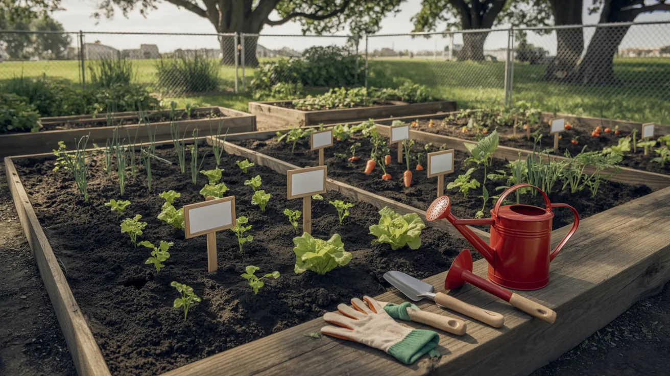 Beautiful gardening setup featuring a well-maintained garden space with flowers and greenery, along with gardening tools arranged for planting and maintenance.