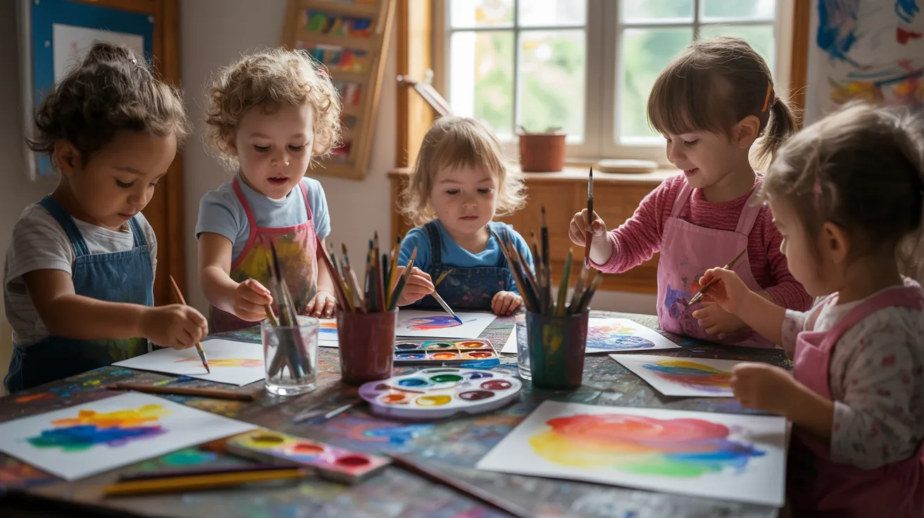 Children painting and drawing at a table filled with colors, art supplies scattered, joyful expressions.