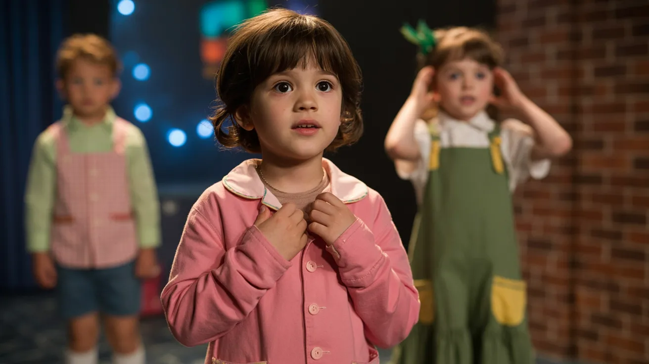 Child watching a colorful school play or musical performance with a focused and engaged expression in a lively setting