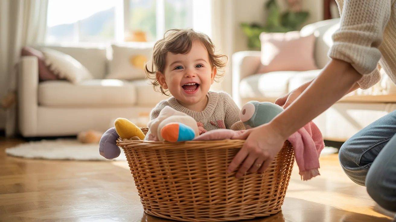 Alt Text: 15-month-old toddler riding in a laundry basket during a fun activity at home.