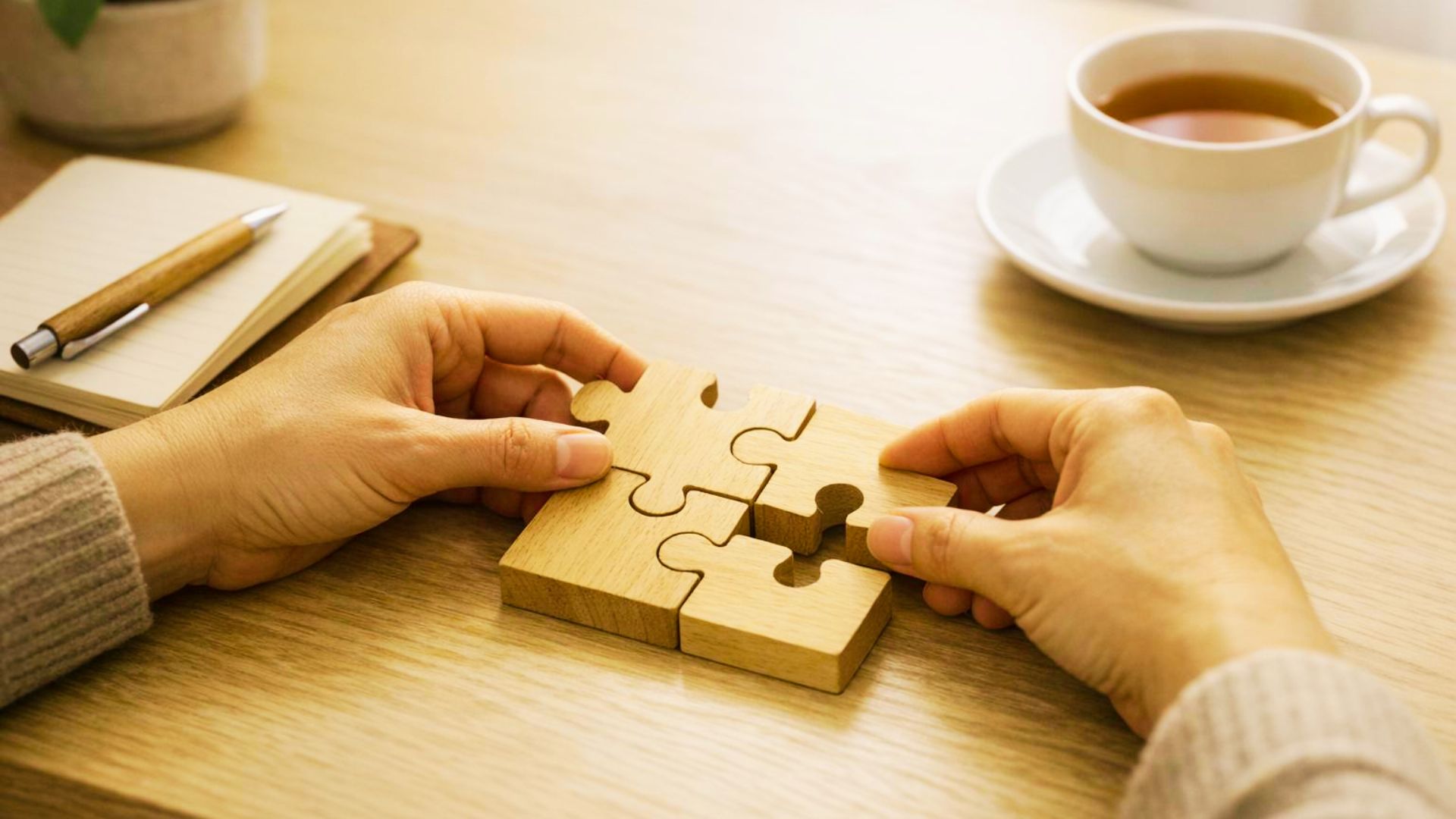 A person holds a wooden puzzle piece on a desk, illustrating a problem-solving activity for teens.