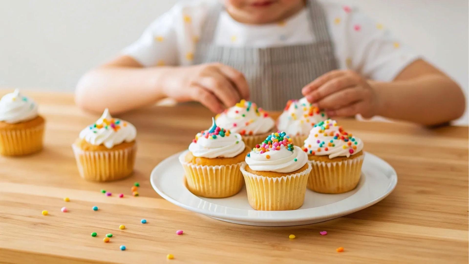 Child in apron adds rainbow sprinkles to frosted cupcakes on plate, wooden table.