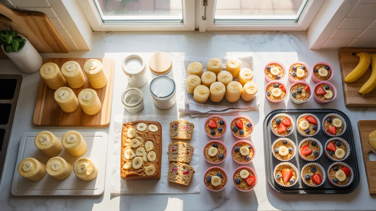 Collage of toddler breakfast meal prep including yogurt pancakes, banana bread slices, and oatmeal cups as easy make-ahead breakfast ideas.