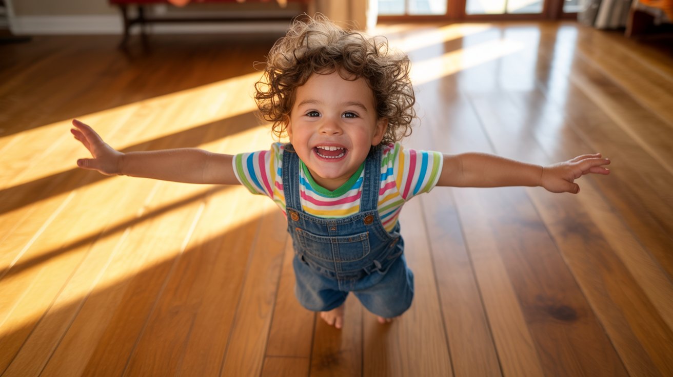 A young child joyfully jumping on a polished wooden floor, showcasing energy and playfulness.