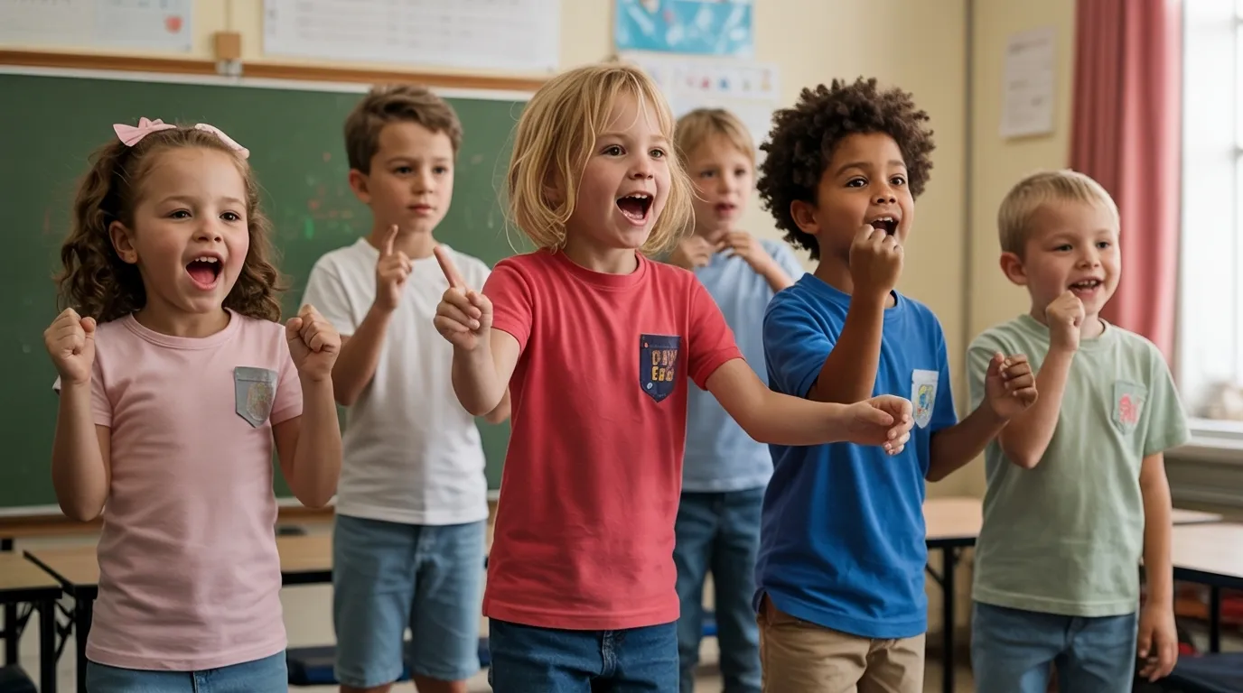 Group of children performing a fun respect-themed chant together with expressive gestures in a classroom