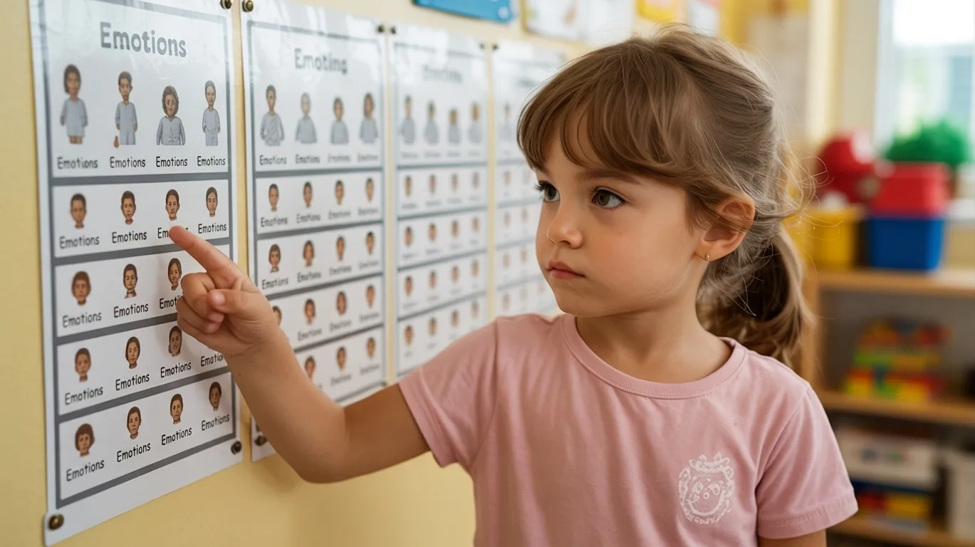Child pointing at an emotions thermometer chart while identifying feelings in a classroom activity
