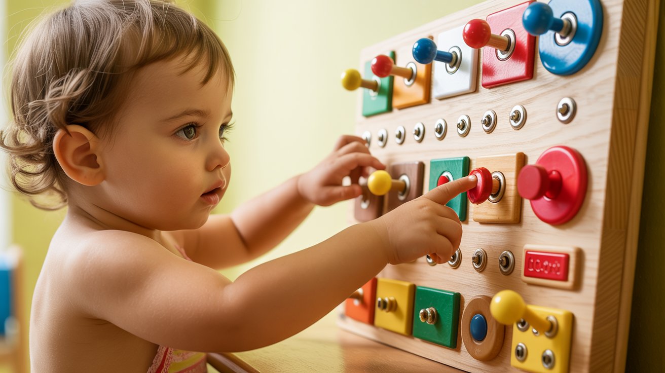 Toddler using sensory board with switches and buttons