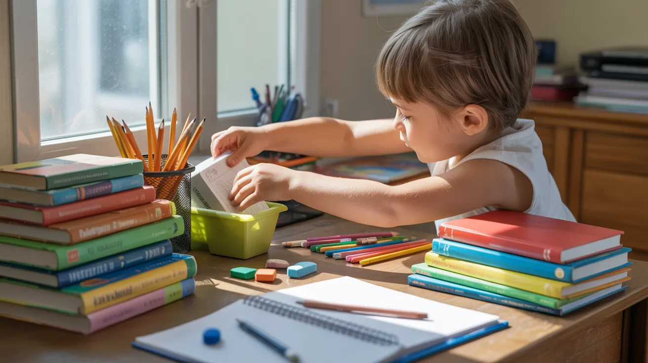 Child cleaning study desk as life skills activity for kids.