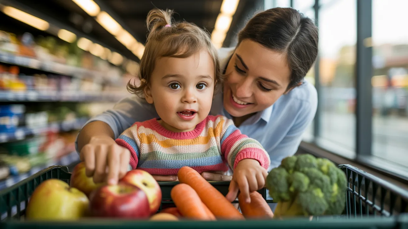 Child learning math while grocery shopping with parent, counting items in cart, real-life educational moment.