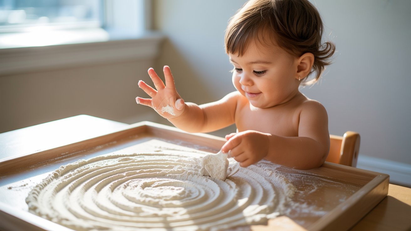toddler playing with flour sensory tray using hands