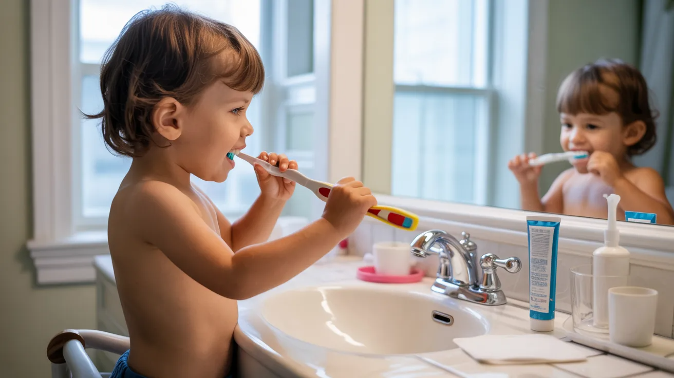 Child brushing teeth as life skills activity for kids.