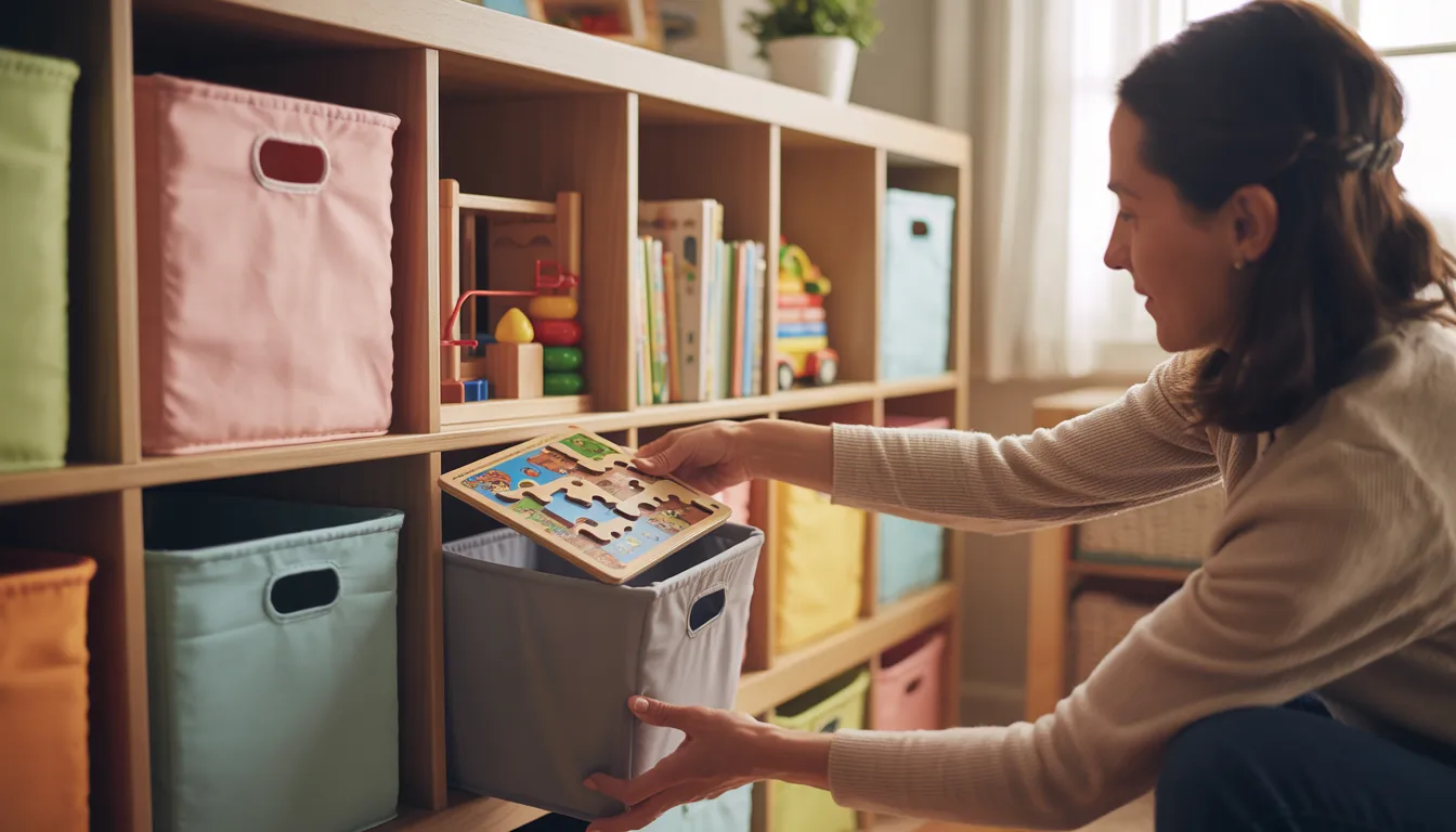 Parent rotating toys by swapping stored bins with toys in the play area