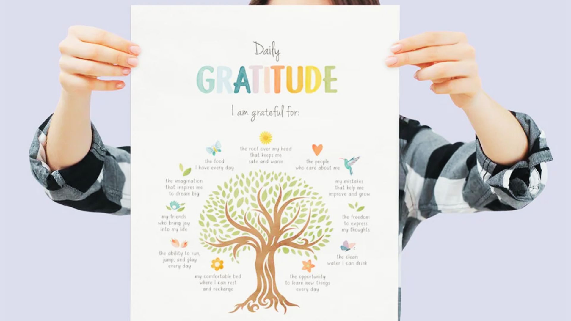 A poster featuring a gratitude tree with colorful leaves, encouraging expressions of thankfulness and appreciation.