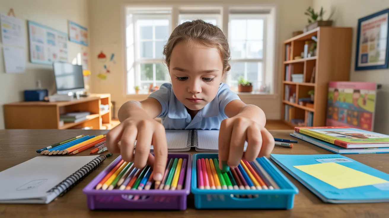 Child arranging school supplies as life skills activity for kids.
