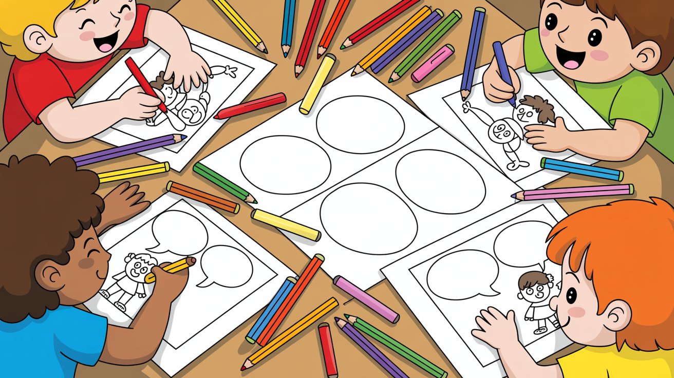 Children engaged in coloring at a table, using various colorful markers to create their artwork.