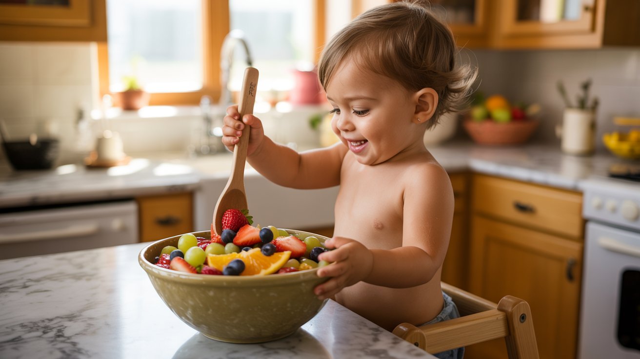 A baby sits in a kitchen, happily eating a bowl of colorful fruit.