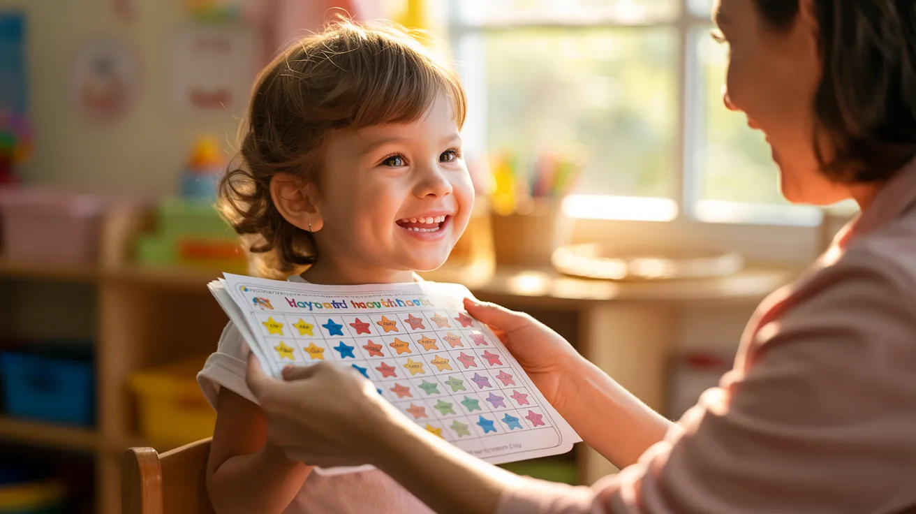 Child proudly receiving sticker or praise chart from parent/teacher, happy emotional moment, warm lighting.
