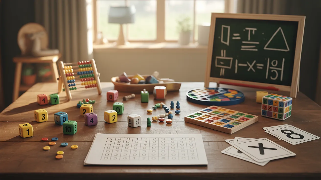 Math-based games setup featuring educational game materials arranged for interactive learning activities focused on numbers, logic, and problem-solving.