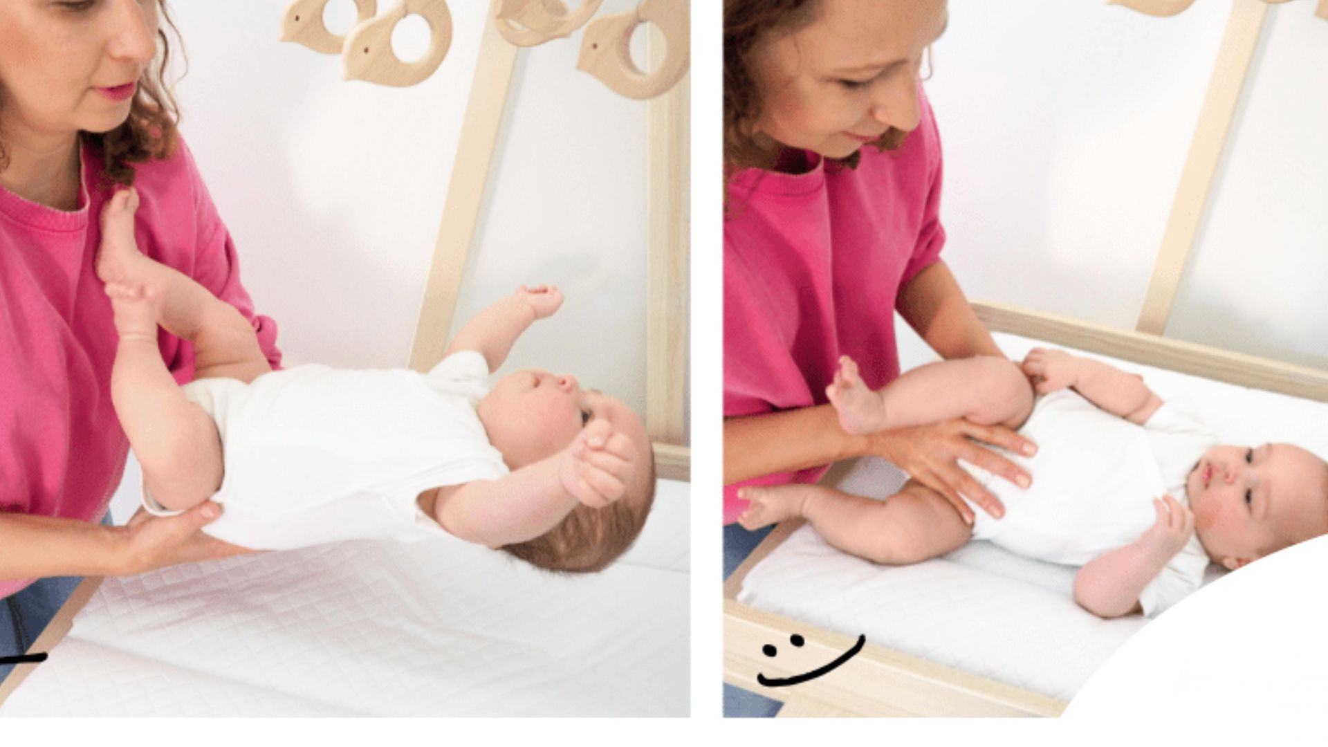 Comparison of incorrect vs correct ways to pick up a baby: Left shows unsupported lifting, right shows proper technique with one hand supporting head and neck and the other under the bottom.