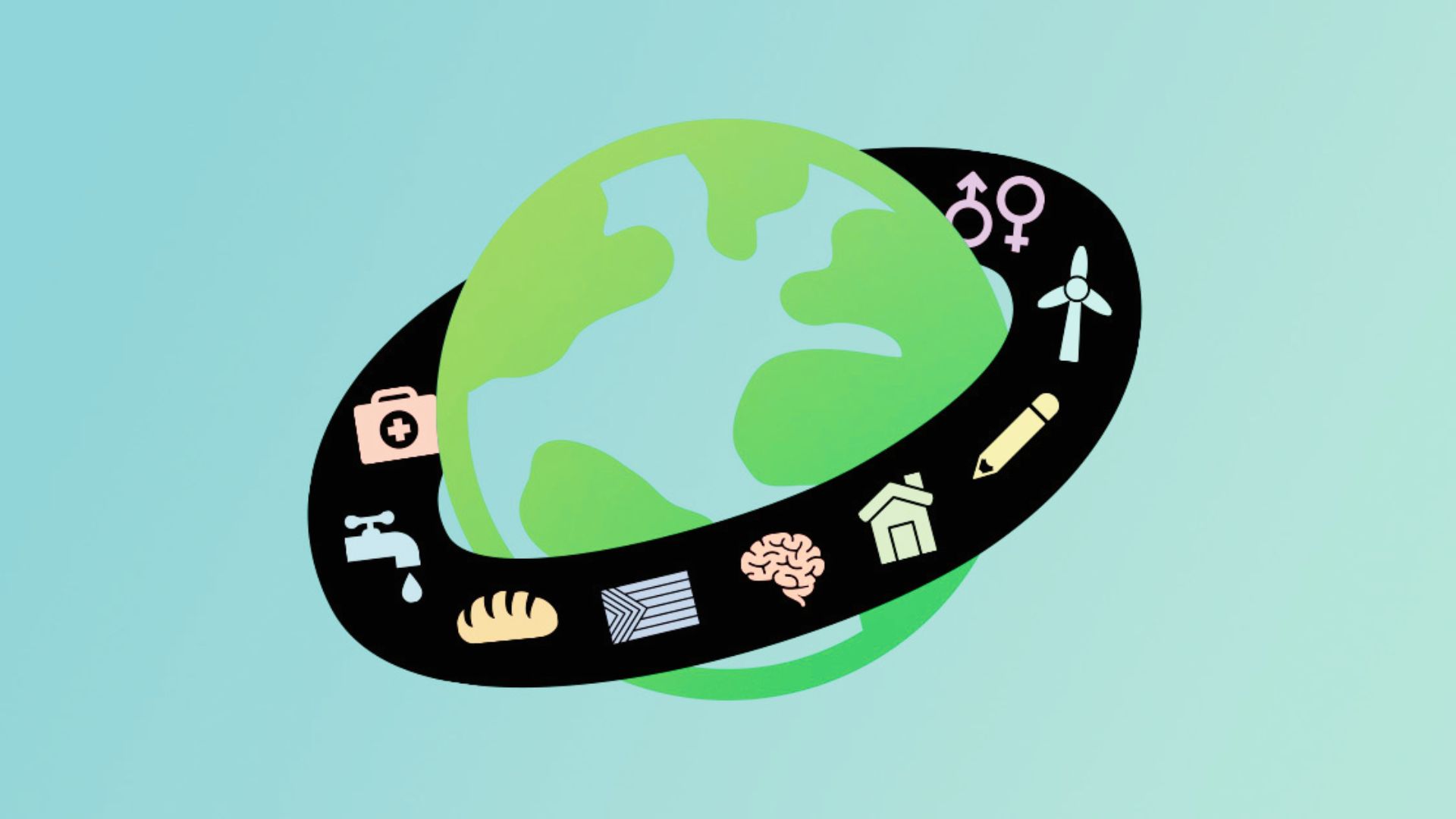 Earth surrounded by various icons representing sustainability and environmental themes.